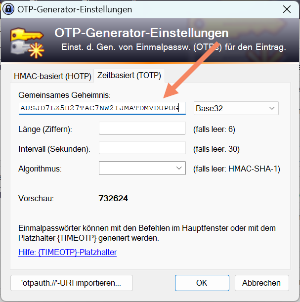 Einstellungen des KeePass-TOTP-Generators